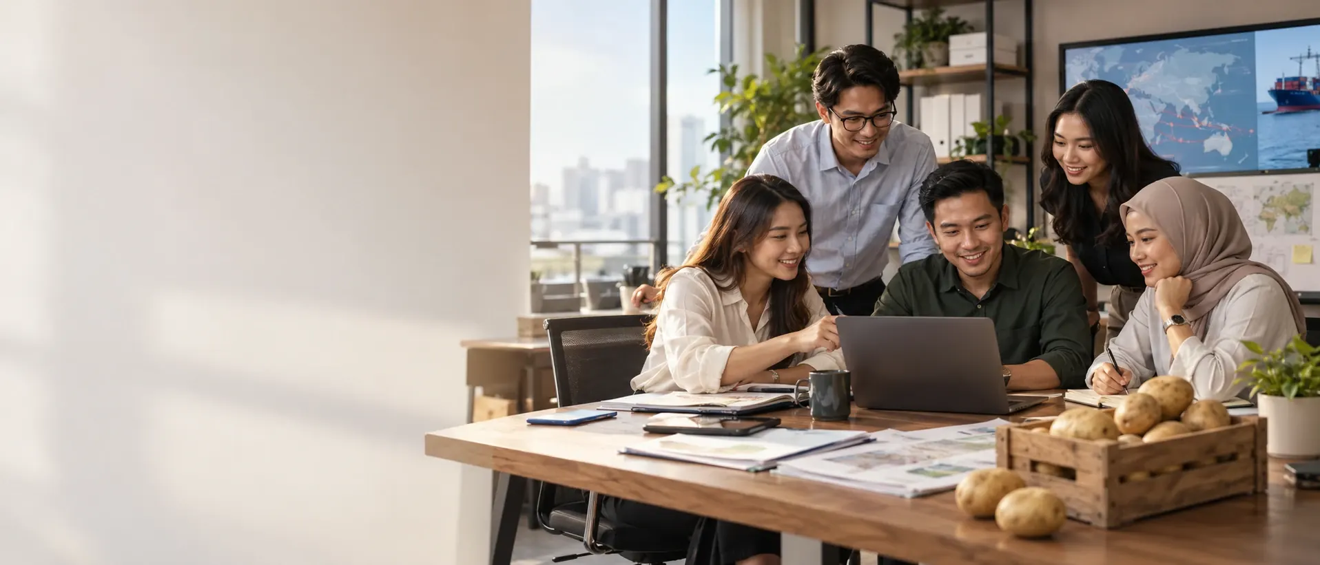 Illustrative image of a team working together around a laptop, with a crate of potatoes on the table